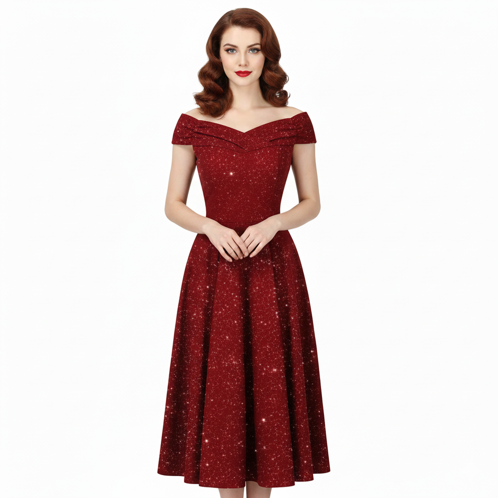 Wine Red Sparkly Glitter Crossover Bust Bardot Style 50s Swing Dress