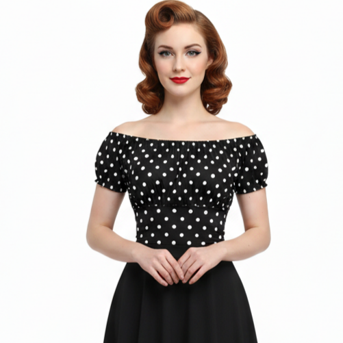 Black and White Polka Dot Stretch Off the Shoulder Ruched Top