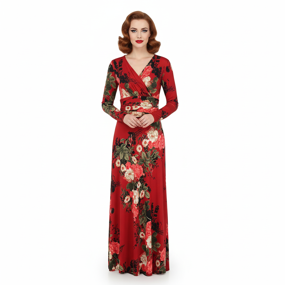 Wine Red Floral Long Sleeve Maxi Dress