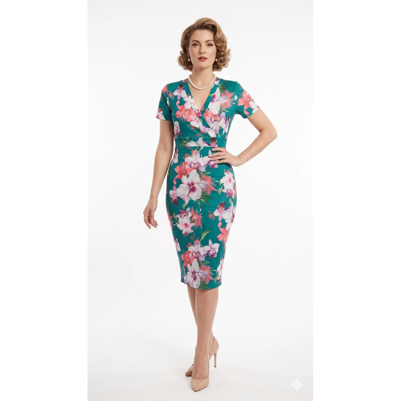 Green Tropical Floral Wiggle Dress – Vintage Style Pencil Dress with V Neck