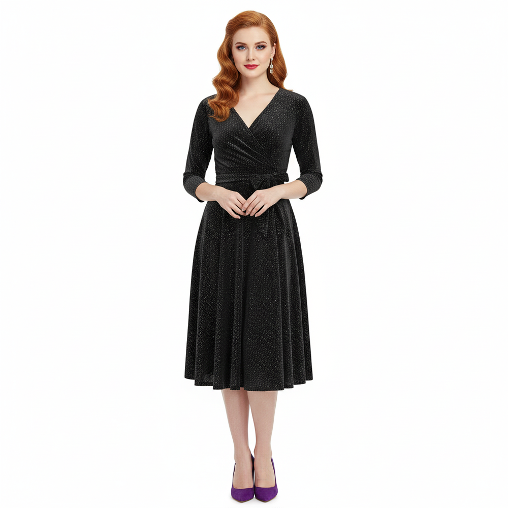 Black Velour Silver Dot 3/4 Sleeve Crossover Top Party Dress