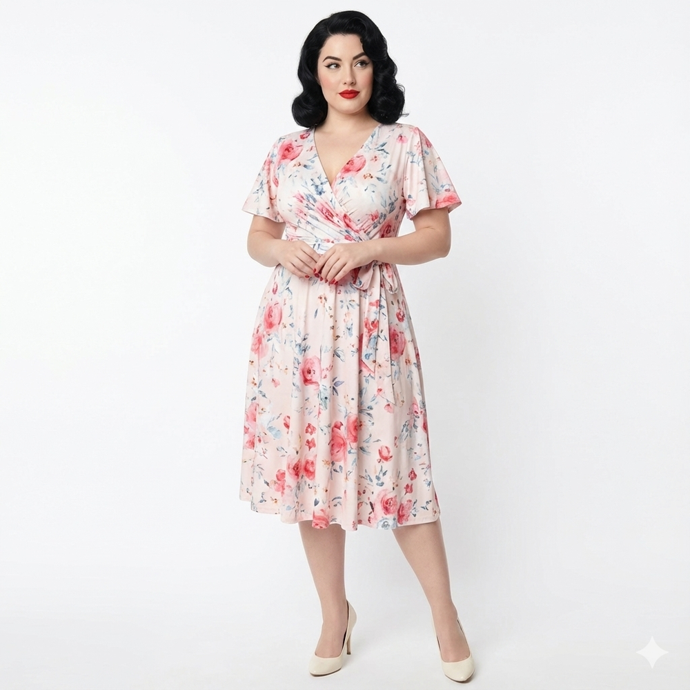 Cream Pink Floral Print Cap Sleeve V Neck Wrap Top Swing Dress