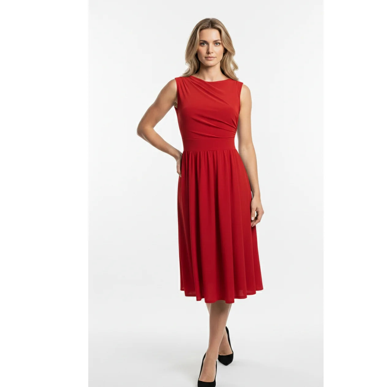 Red Sleeveless High Neck Ruched Cocktail Party Dress