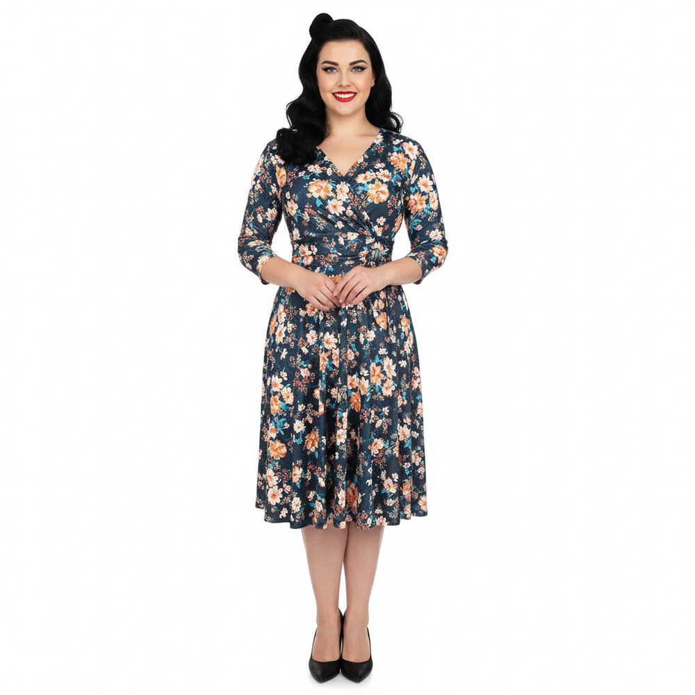 Navy Multi Floral Print 3/4 Sleeve Crossover Vintage Swing Dress
