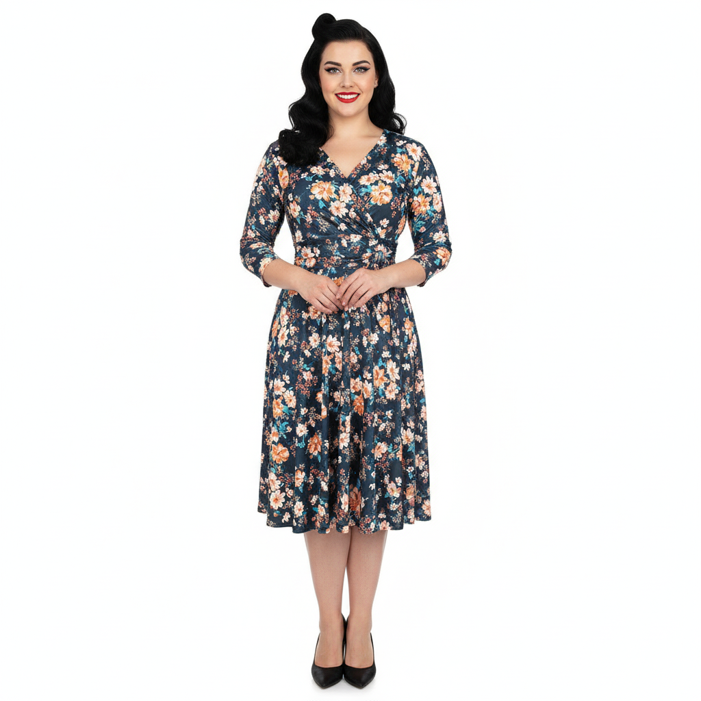 Navy Multi Floral Print 3/4 Sleeve Crossover Vintage Swing Dress
