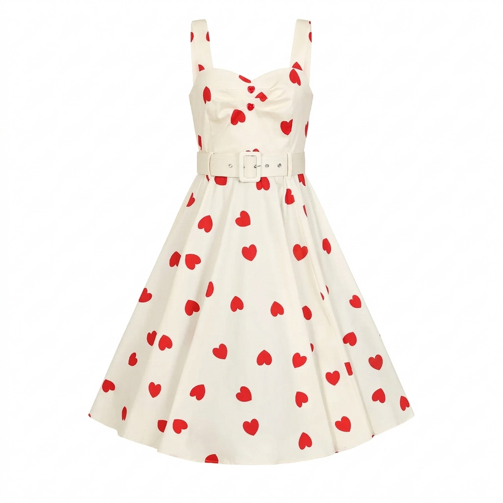 White With Red Heart Rockabilly Shoulder Strap 50s Swing Dress