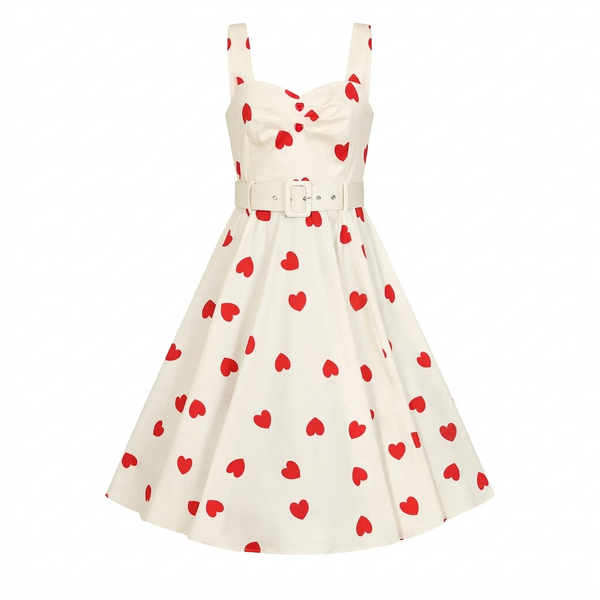 White With Red Heart Rockabilly Shoulder Strap 50s Swing Dress – Pretty Kitty Fashion