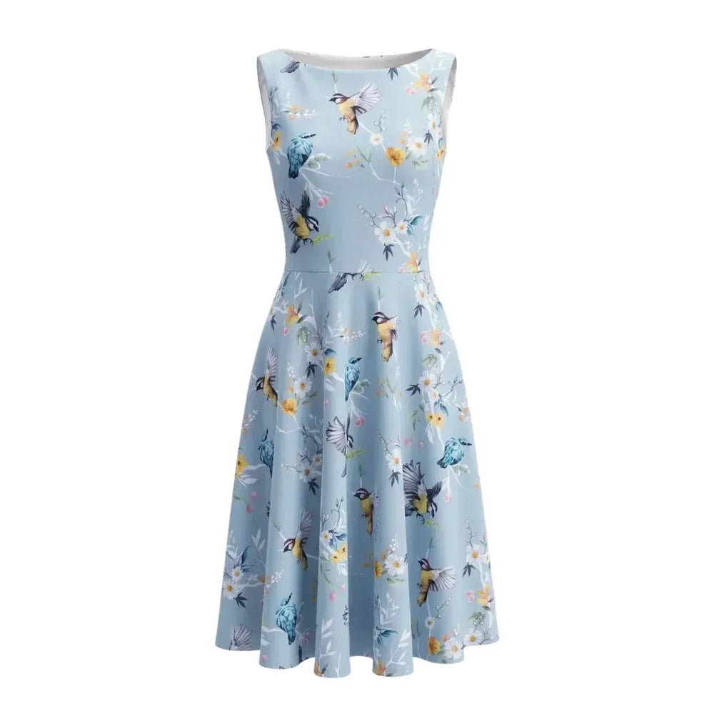 1950s Inspired Blue Floral Bird Print Audrey Vintage Fit & Flare Midi Dress