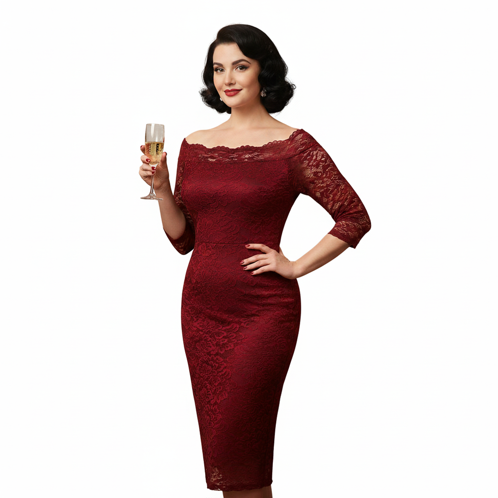 Burgundy Wine Lace 3/4 Sleeve Vintage Bardot Bodycon Wiggle Dress