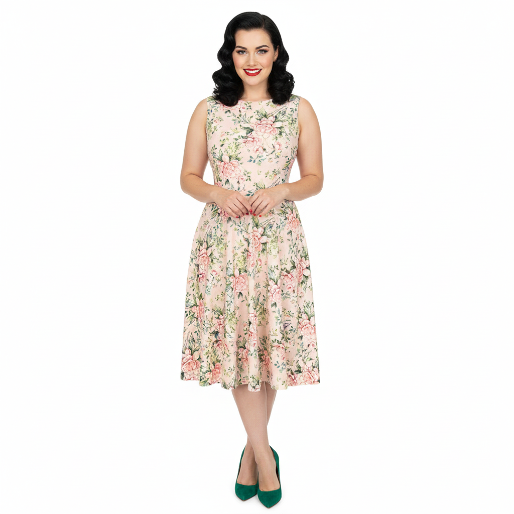 Vintage Pink Floral Audrey Hepburn Style Sleeveless 50s Swing Dress - Pretty Kitty Fashion