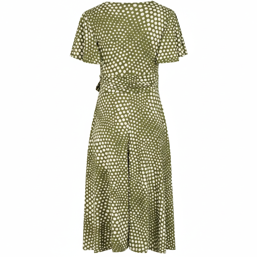 Green Off White Polka Dot Swirl Print Wrap Over Fit And Flare Swing Dress