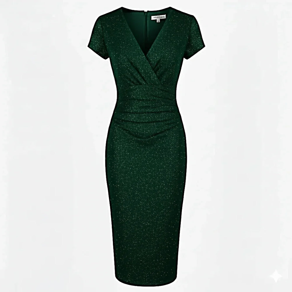 Forest Green Glitter Sparkle Deep V Cap Sleeve Bodycon Ruched Waist Wiggle Dress