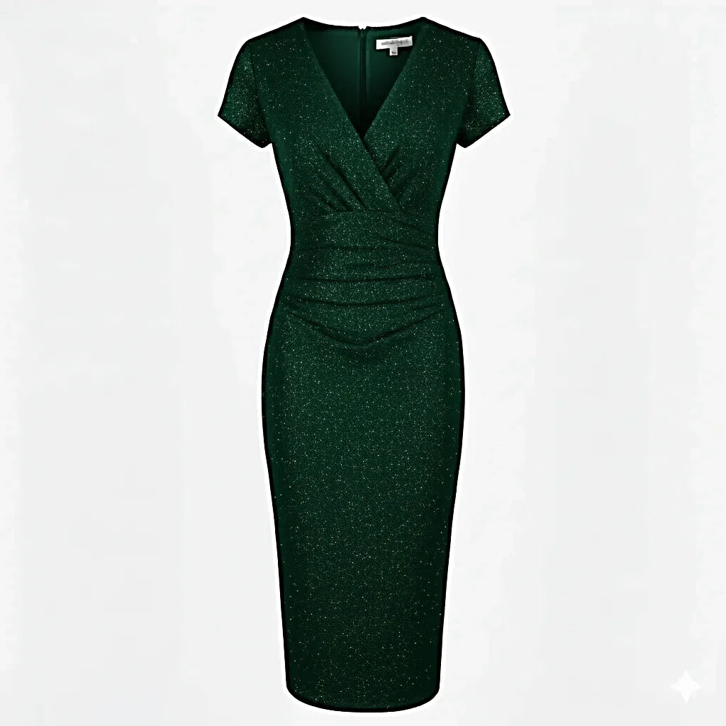 Forest Green Glitter Sparkle Deep V Cap Sleeve Bodycon Ruched Waist Wiggle Dress