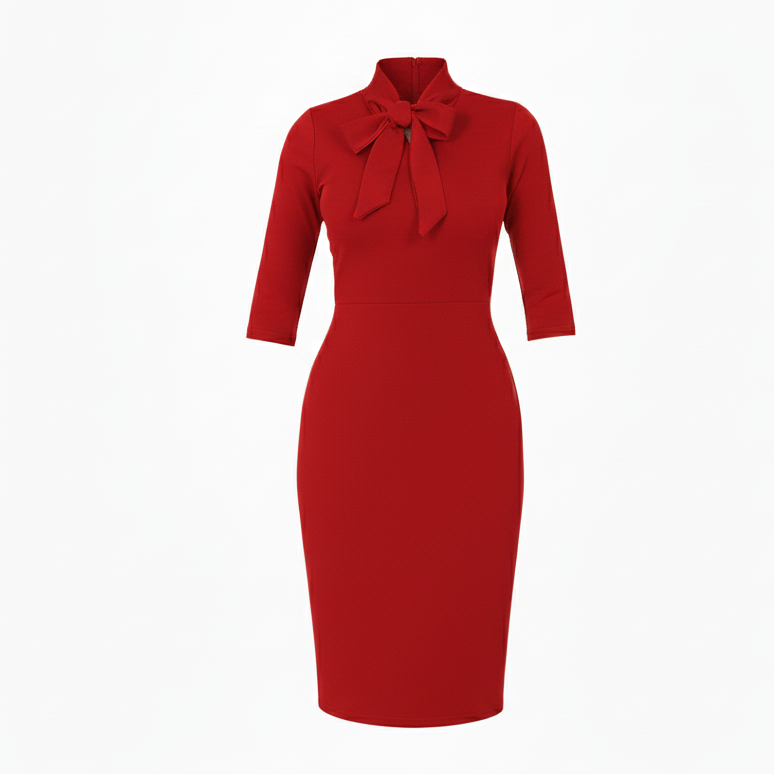 Red 3/4 Sleeve Tie Neck Bodycon Pencil Dress