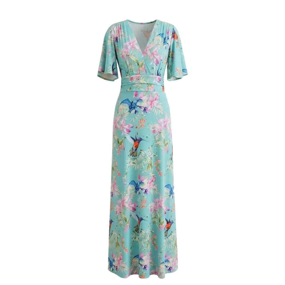 Vintage Aqua Blue Tropical Bird Print UK Wrap Style Maxi Dress