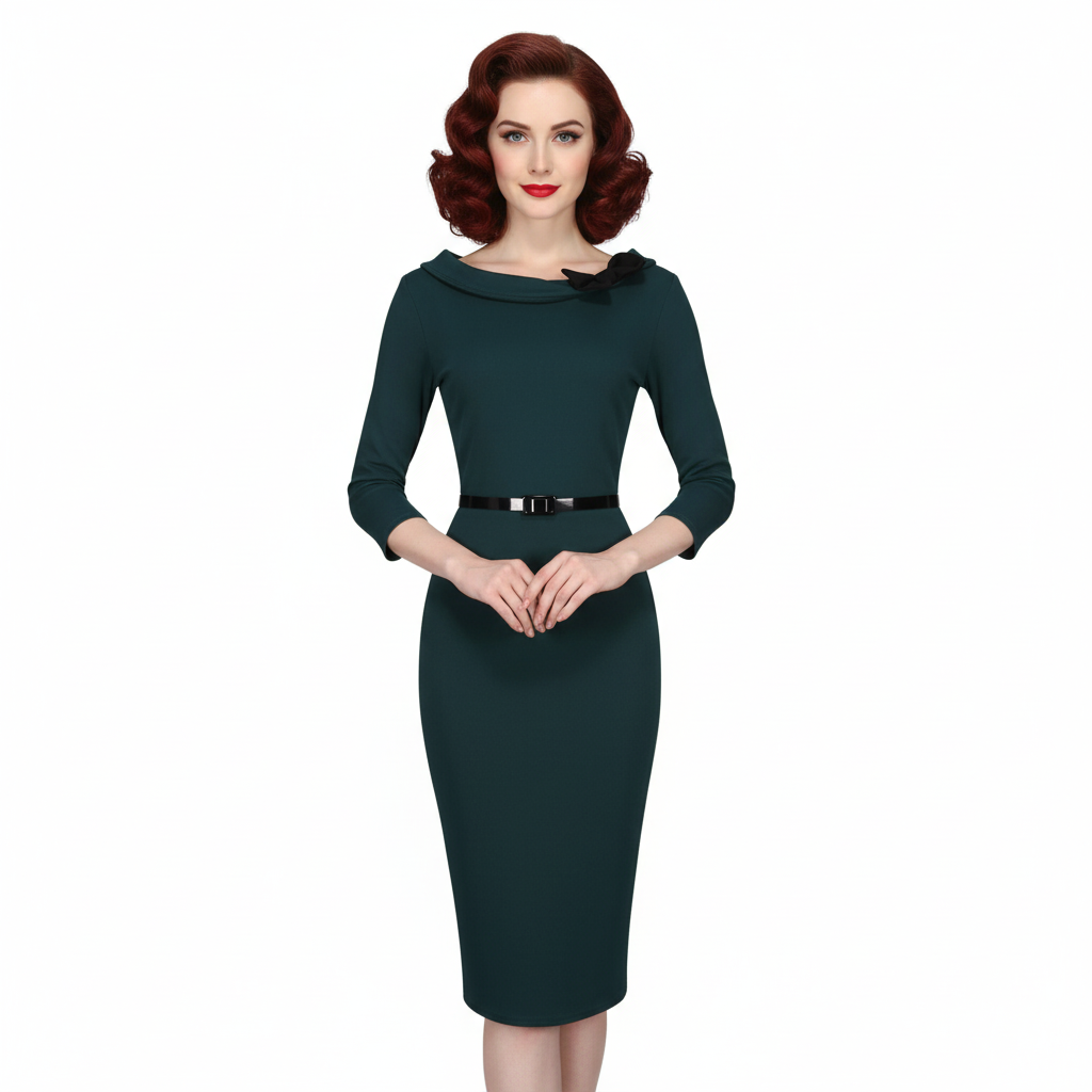 Forest Green Black Belted Bow Corsage Pencil Dress