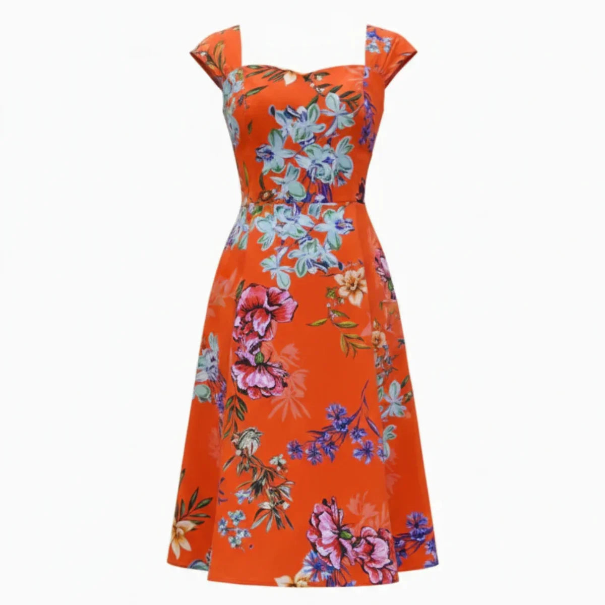 Sunset Burnt Orange Blue Multi Floral Blossom Rose Cap Sleeve Cotton Swing Dress