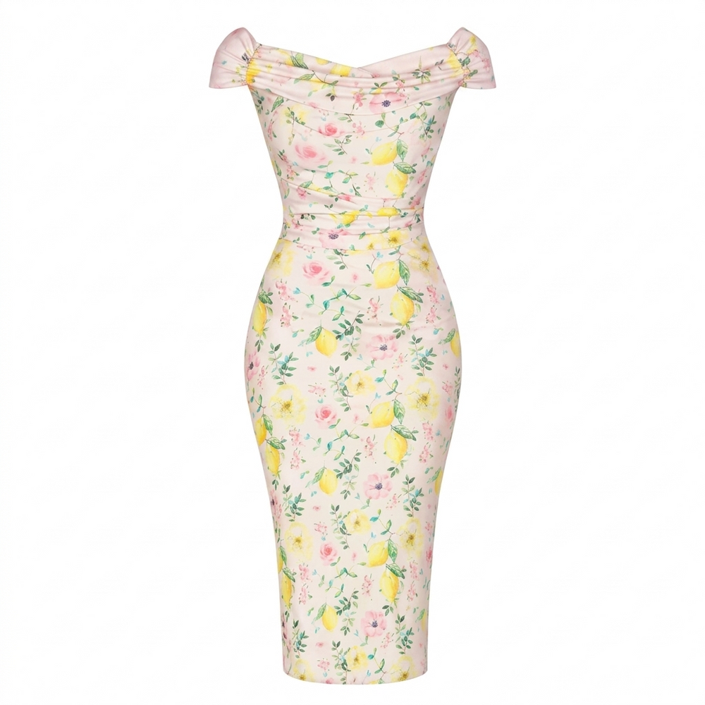 Vintage Pink Lemon Floral Wiggle Dress – 1950s Off Shoulder Bardot Pencil Dress