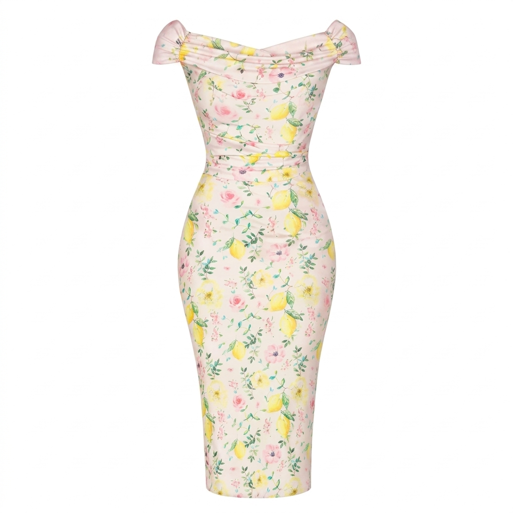 Vintage Pink Lemon Floral Wiggle Dress – 1950s Off Shoulder Bardot Pencil Dress