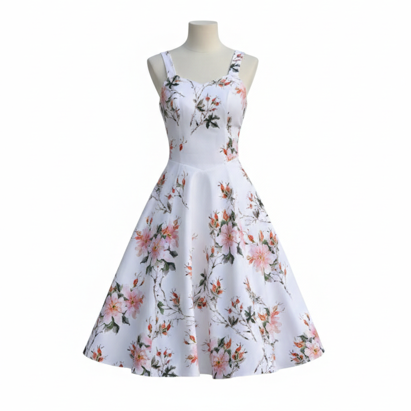 Cream White Strappy Cotton Summer Swing Dress With Coral Floral Print