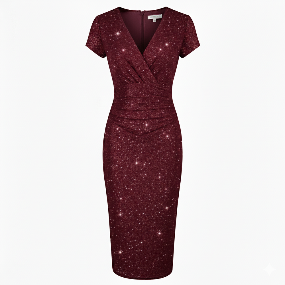 Wine Burgundy Glitter Sparkle Deep V Cap Sleeve Bodycon Ruched Waist Wiggle Dress