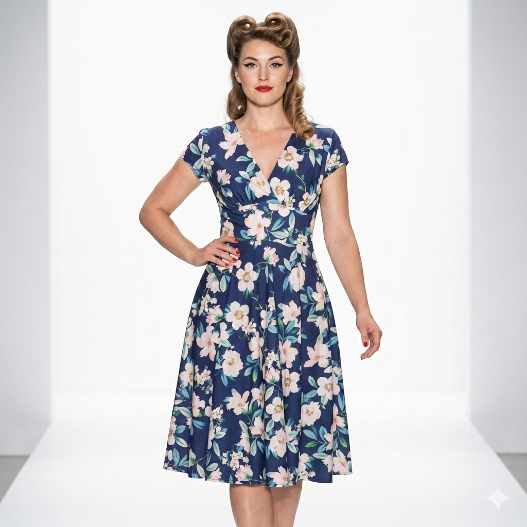 Navy Floral Vintage A Line Crossover Capped Sleeve Tea Swing Dress - Pretty Kitty Fashion