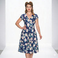 Navy Floral Vintage A Line Crossover Capped Sleeve Tea Swing Dress - Pretty Kitty Fashion