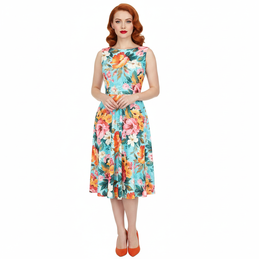 Aqua Blue Floral Audrey Hepburn Style Sleeveless 50s Swing Dress With Boat Neckline