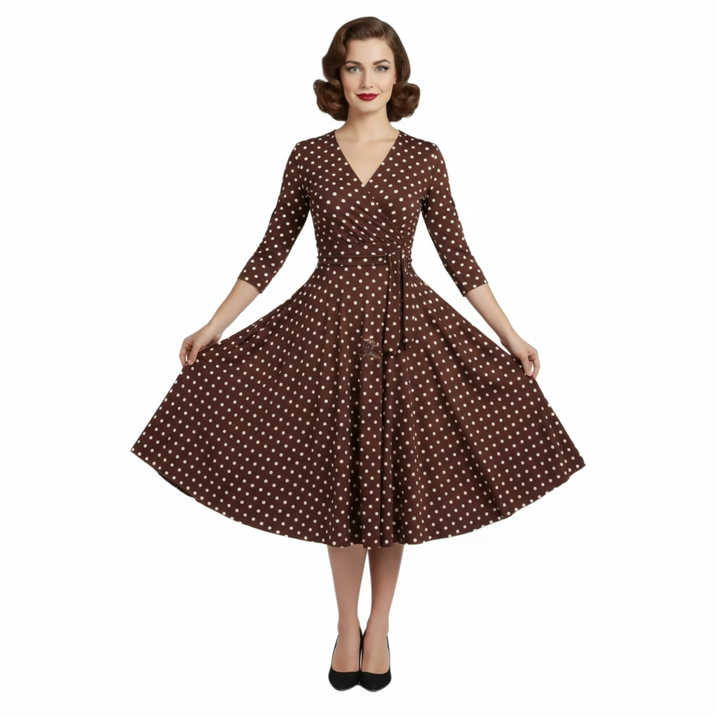 Chocolate Brown And White Polka Dot 3/4 Length Sleeve Fit And Flare Midi Dress