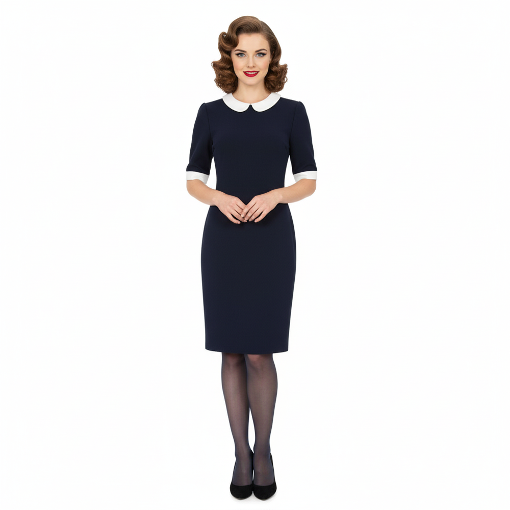 Navy Blue Nautical Wiggle Pencil Dress With Cream Collar & Cuff