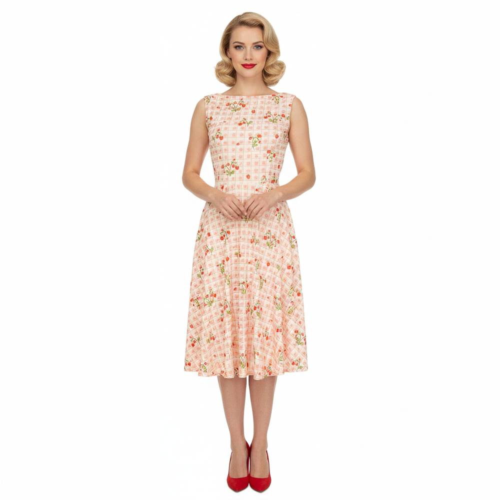 White And Pink Gingham Fruit Strawberry Print Audrey Style 1950s Swing Dress