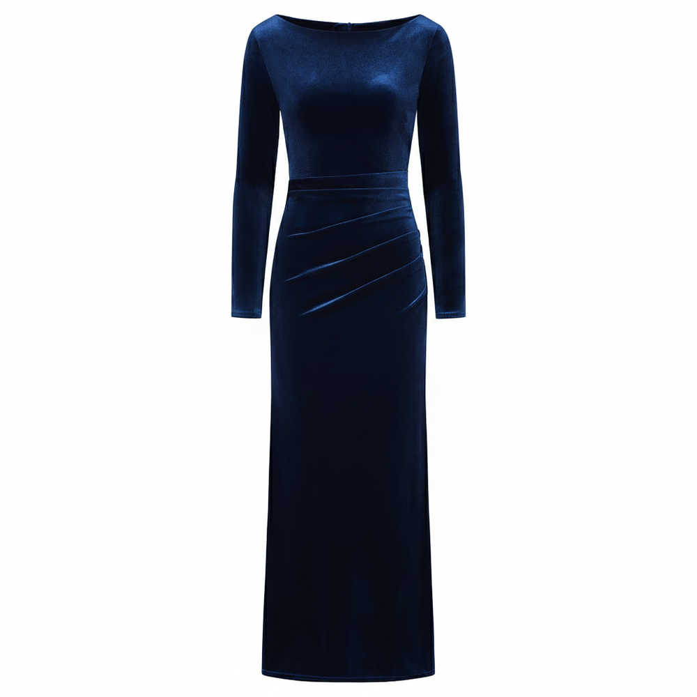 Navy Blue Long Sleeve Boatneck Bodycon Velour Maxi Dress