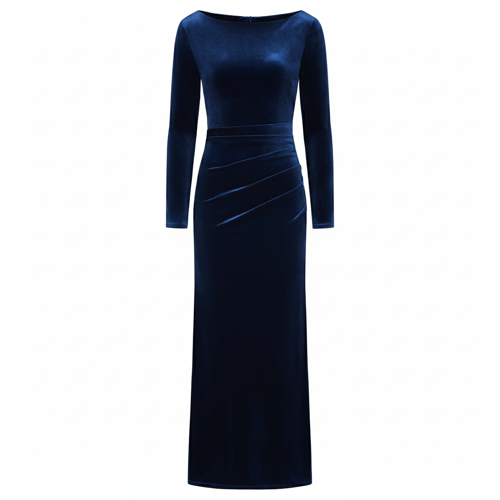 Navy Blue Long Sleeve Boatneck Bodycon Velour Maxi Dress