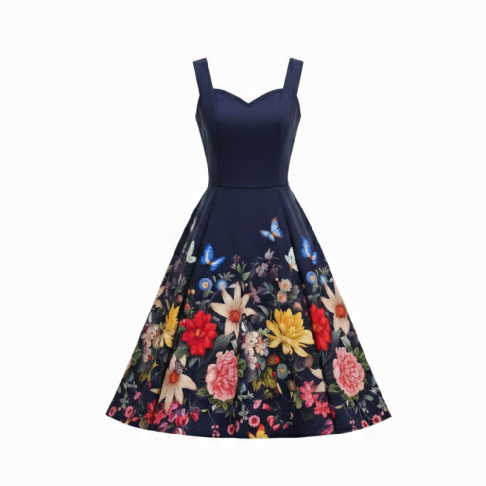 Navy Blue Butterfly Floral Blossom Strappy Summer Swing Dress - Pretty Kitty Fashion