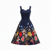 Navy Blue Butterfly Floral Blossom Strappy Summer Swing Dress - Pretty Kitty Fashion
