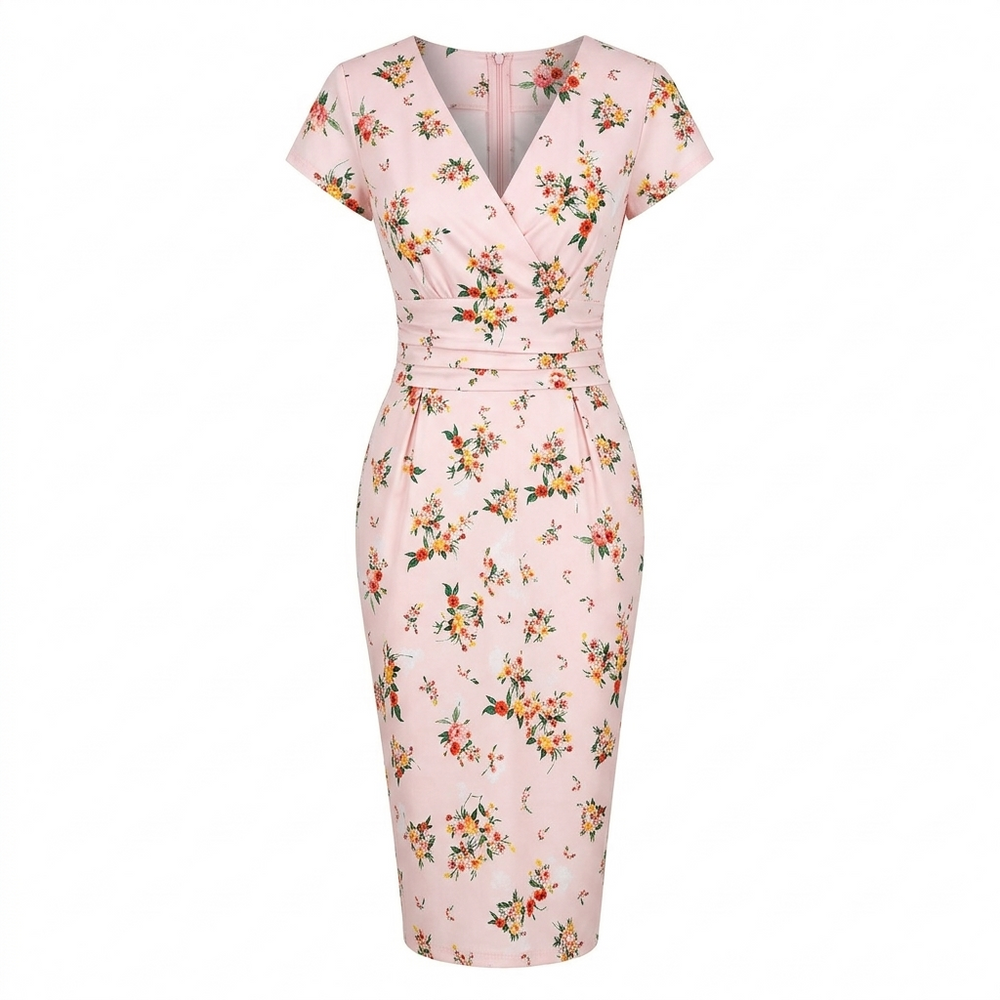 Vintage Pink Floral Wiggle Dress – 1950s Style V Neck Ruched Waist Pencil Dress