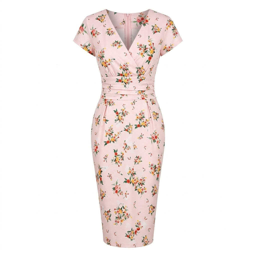 Vintage Pink Floral Wiggle Dress – 1950s Style V Neck Ruched Waist Pencil Dress