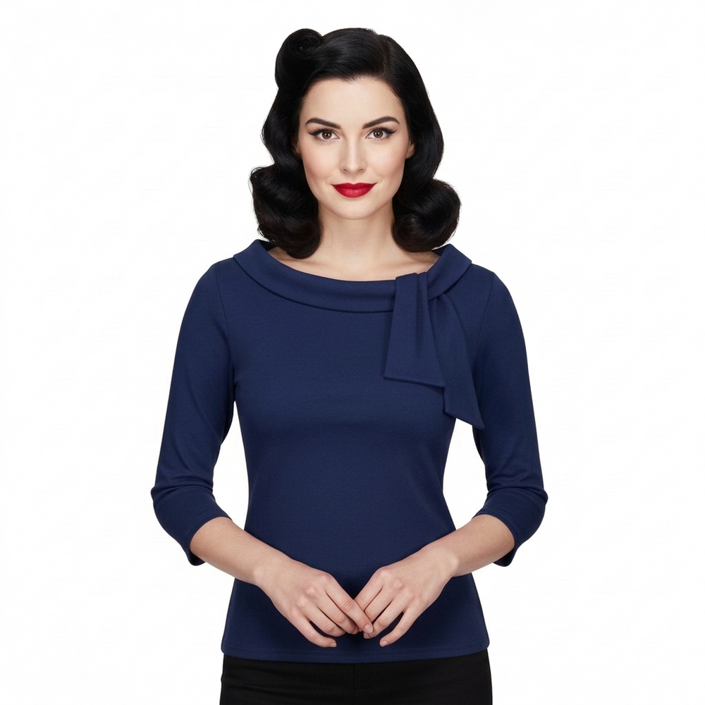 Vintage Navy Blue 3/4 Sleeve Tie Neck Top