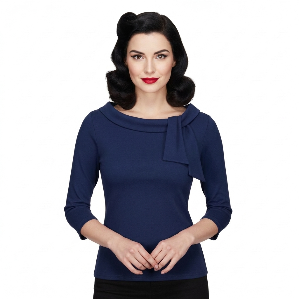 Vintage Navy Blue 3/4 Sleeve Tie Neck Top