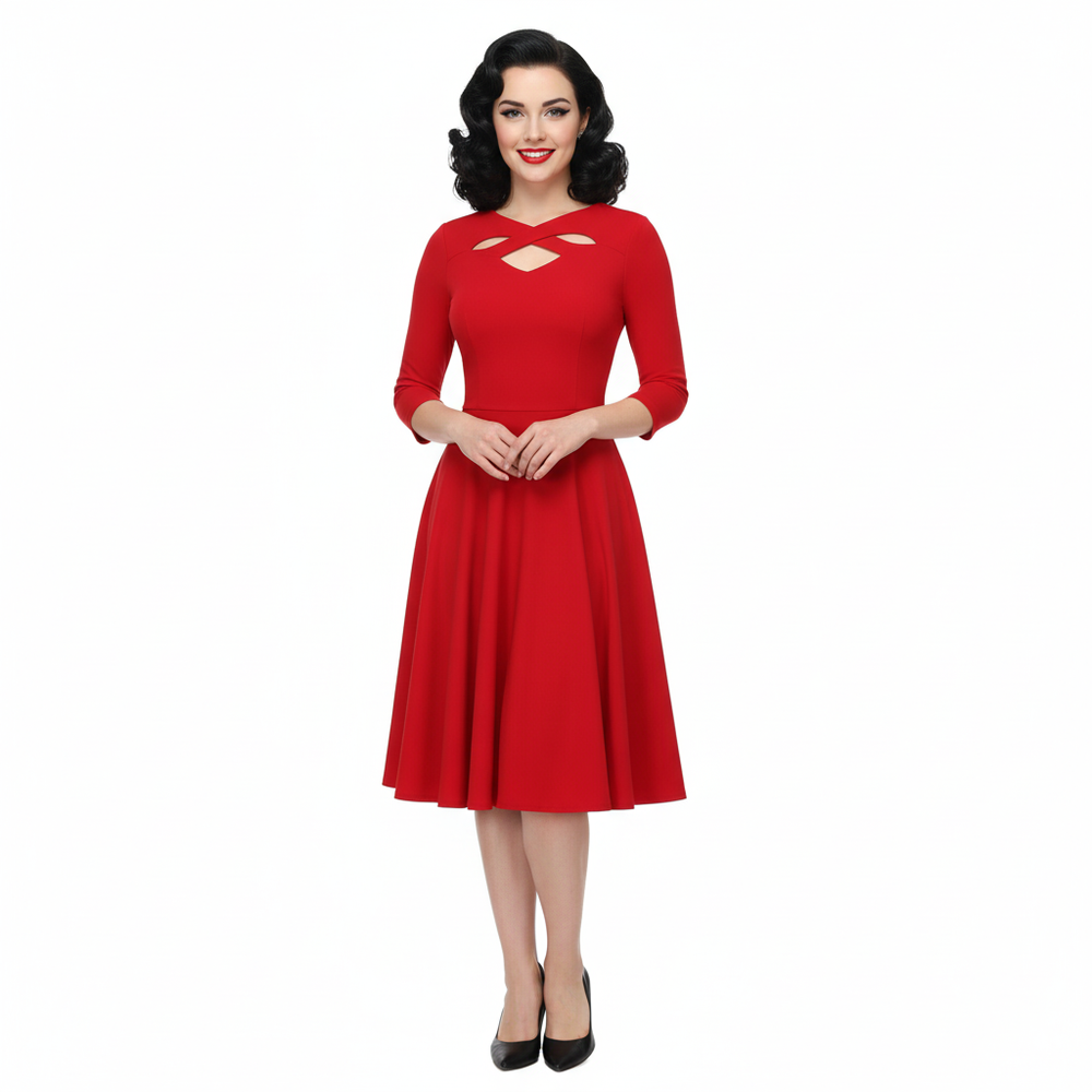 Red Cut Out Neckline 3/4 Sleeve 50s Swing Dress