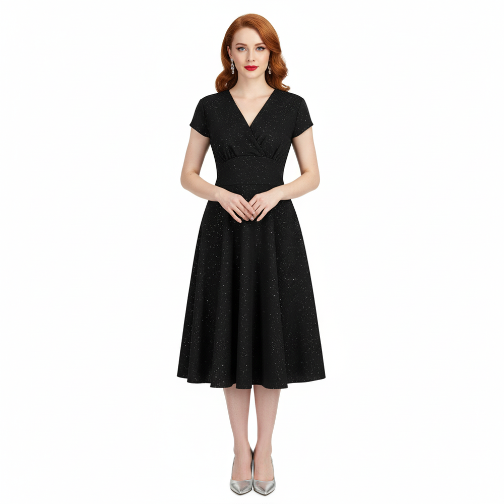 Black Sparkly Glitter A Line Crossover Top Capped Sleeve Party Dress