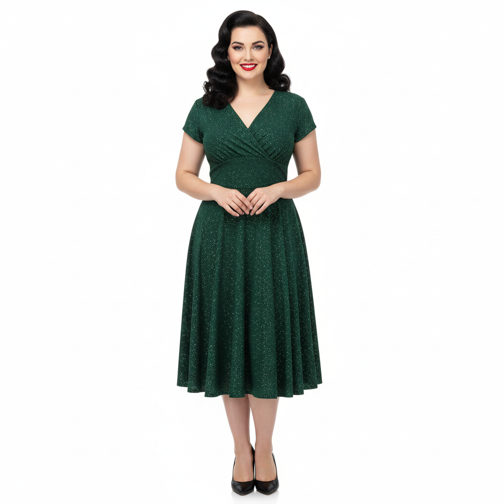 Forest Green Sparkly Glitter A Line Crossover Top Capped Sleeve Tea Swing Dress