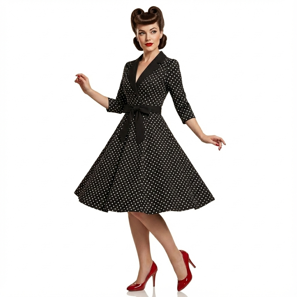 Black And White Polka Dot 3/4 Sleeve Swing Tea Dress - Pretty Kitty Fashion