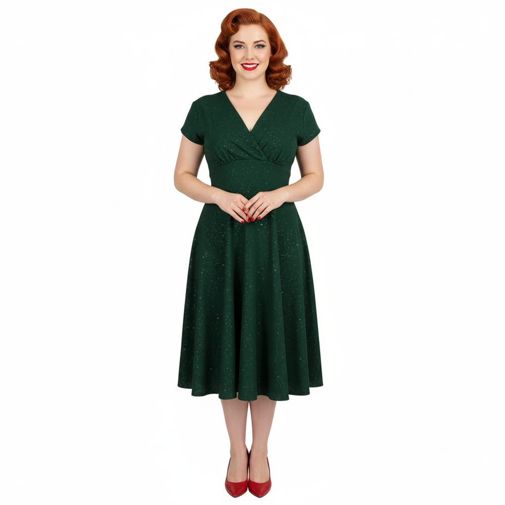 Forest Green Sparkly Glitter A Line Crossover Top Capped Sleeve Tea Swing Dress