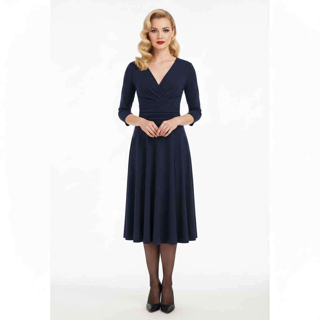 Navy Blue Deep V Neck A Line Vintage Ruched Waist 3/4 Sleeve Swing Midi Dress