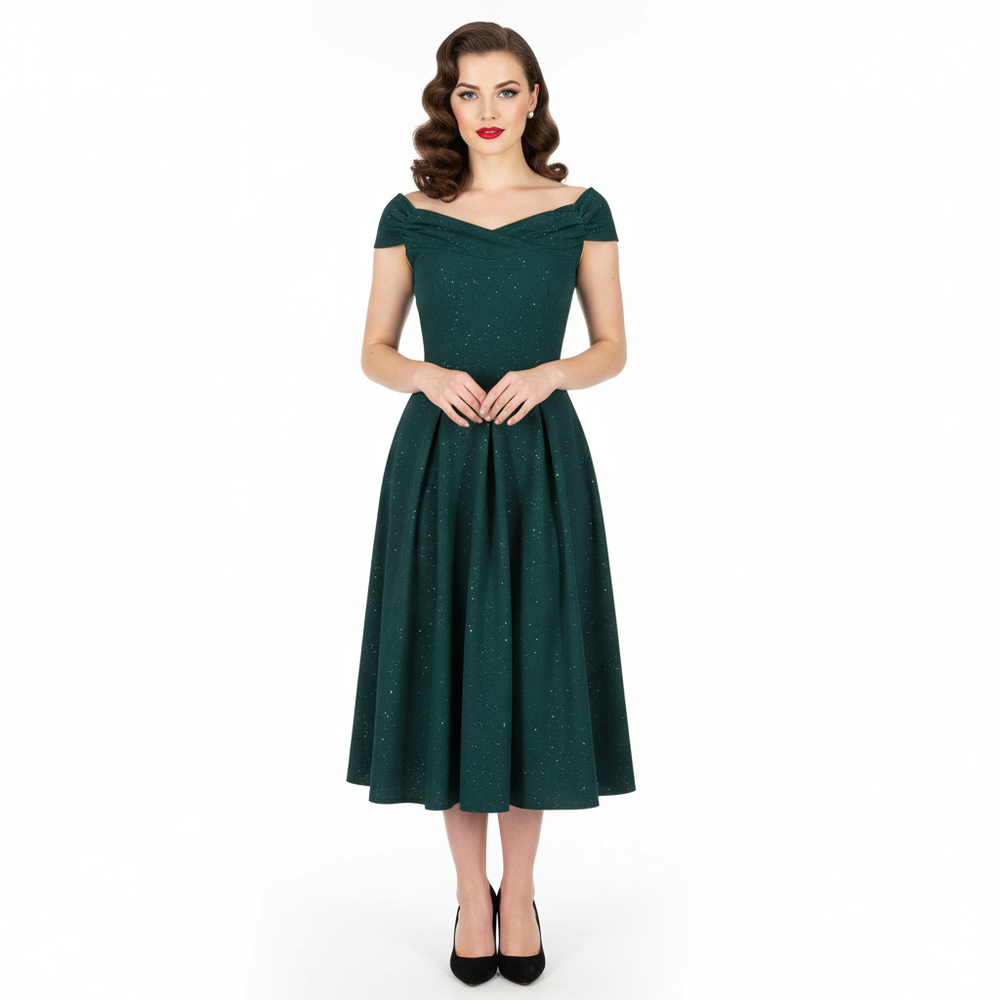 Forest Green Sparkly Crossover Bust Bardot Style 50s Swing Dress