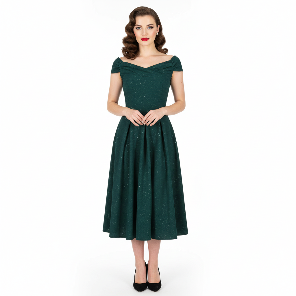 Forest Green Sparkly Crossover Bust Bardot Style 50s Swing Dress