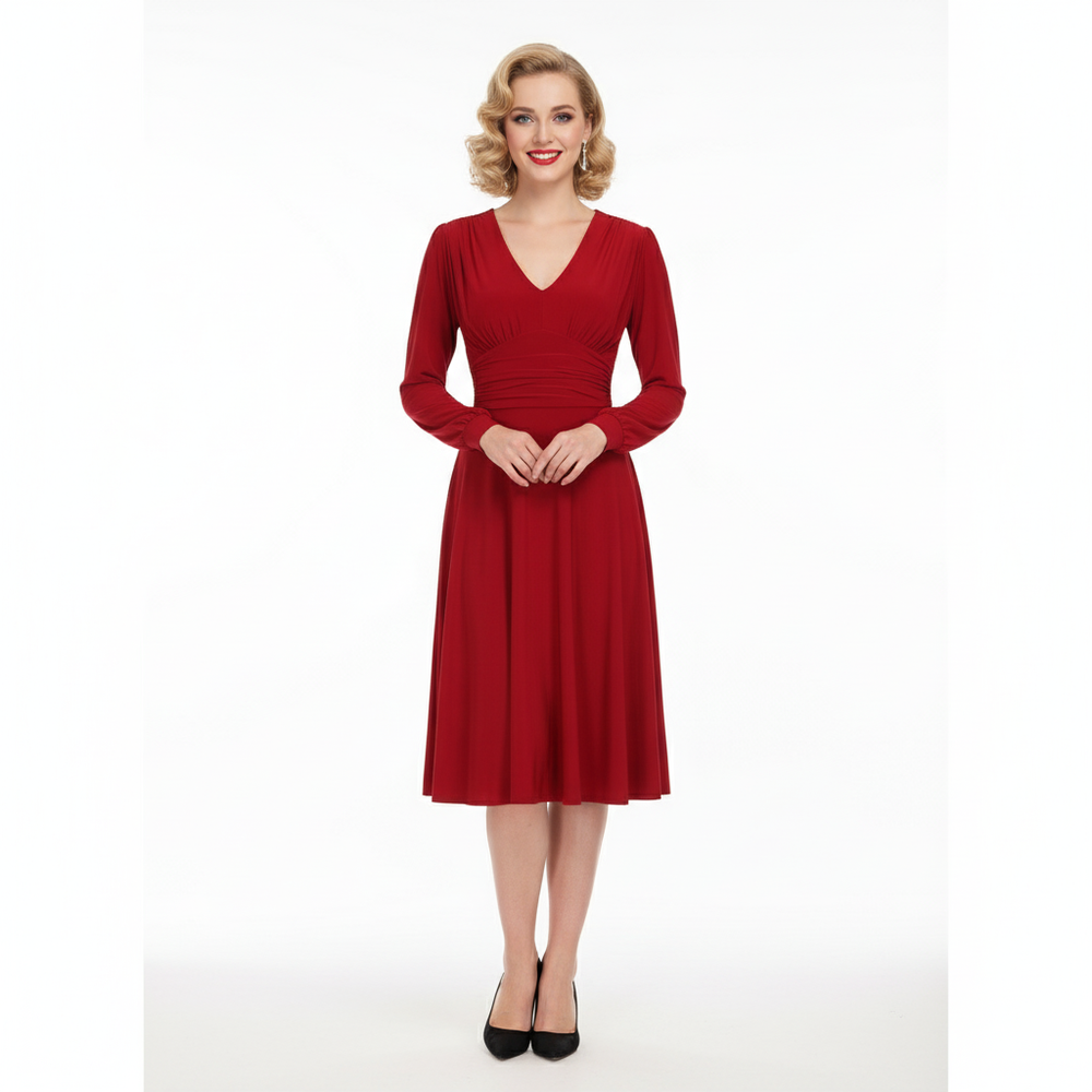 Slinky Red Long Sleeve Ruched Deep V Neck Dress