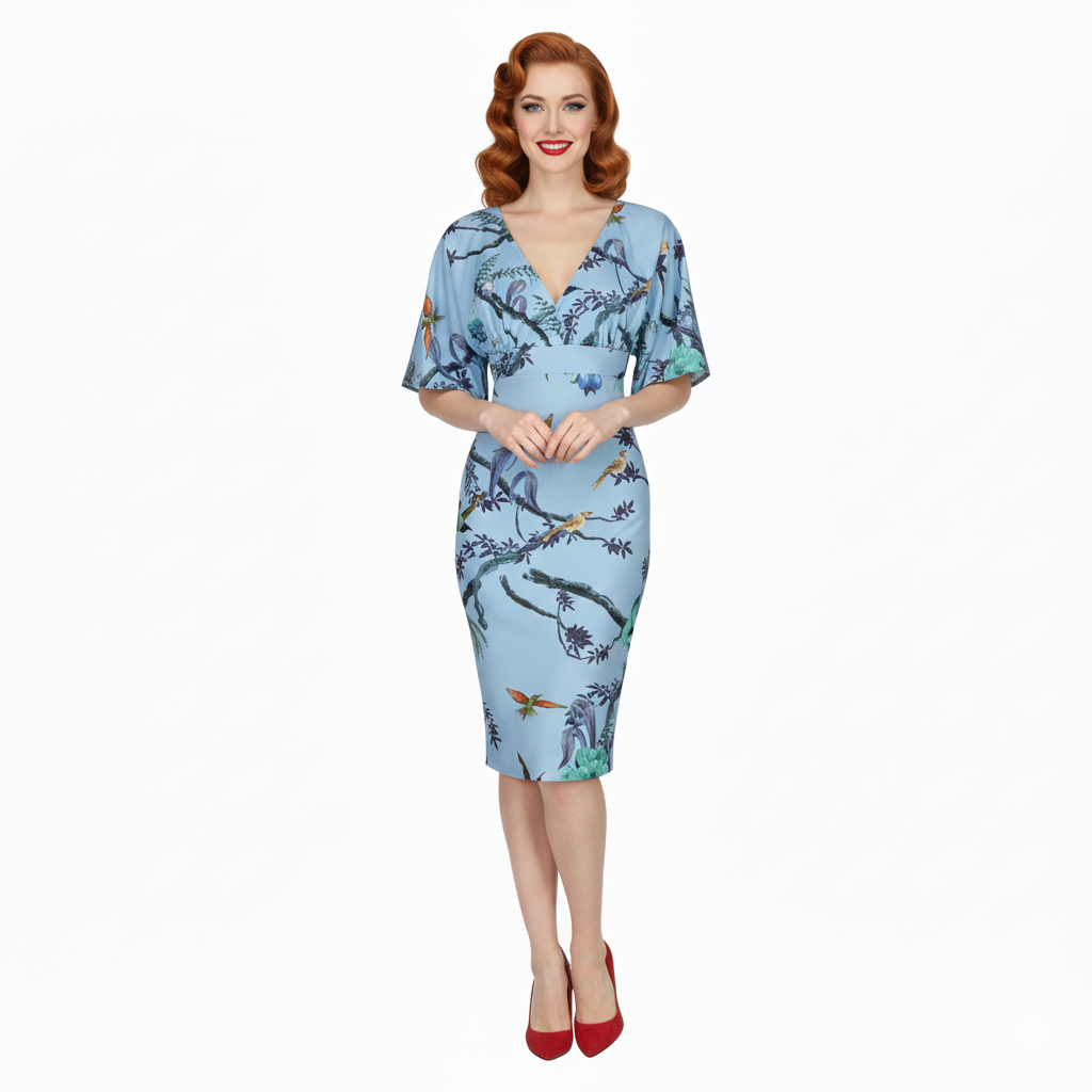 Blue Floral Bird Half Batwing Sleeve Crossover Top Pencil Dress