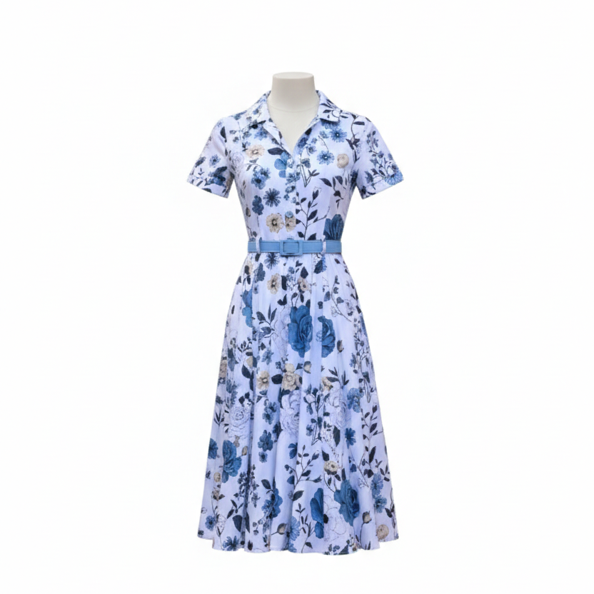 White And Blue Rose Cap Sleeve Cotton Garden Tea Dress